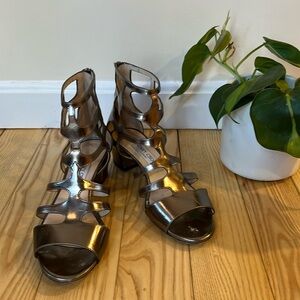 Jimmy Choo gladiator leather metallic block heel